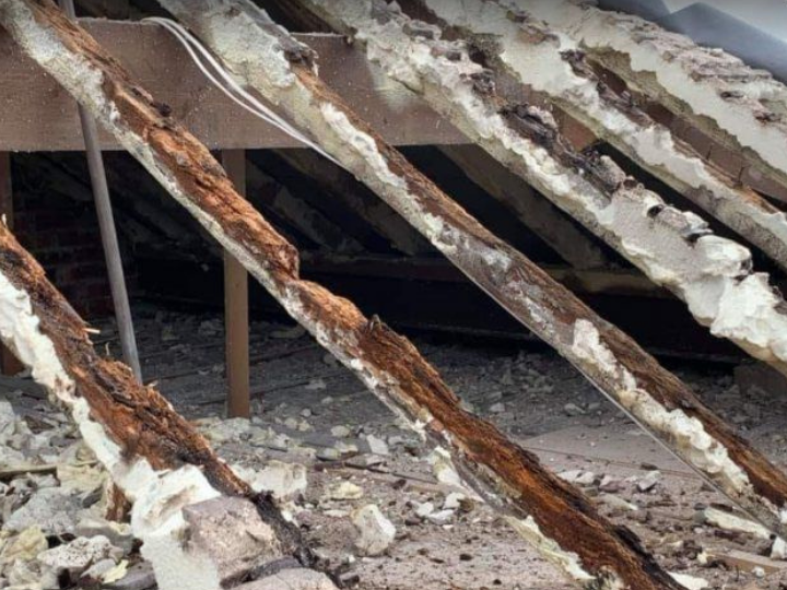 Rafters after removal — rot and foam residue across the roof structure.